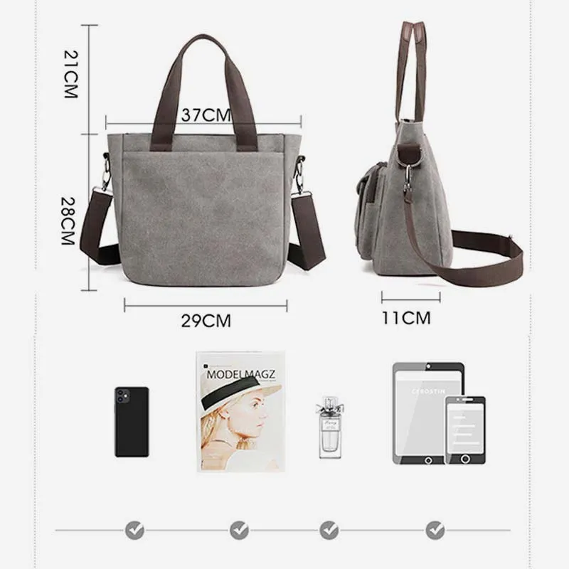 Women's Canvas Top Handle Handbag Multi-pocket Crossbody Shoulder Bag Tote Purse