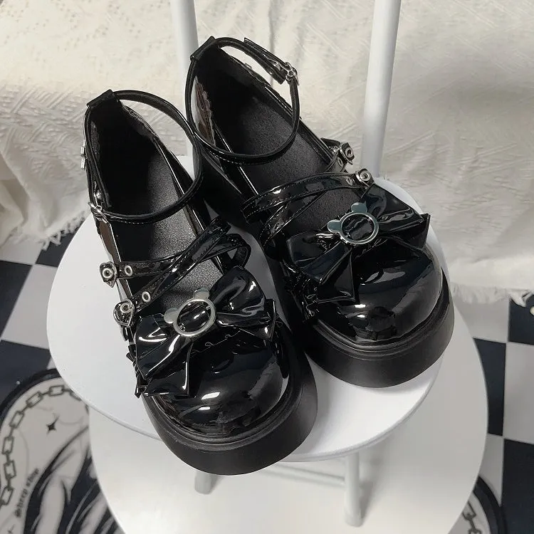 Y2K Polished Black Bear Bowknot Buckle Strap Punk Platform Shoes